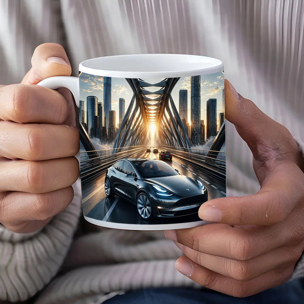 Tesla Model Y On City Bridge Sunset – Mugs