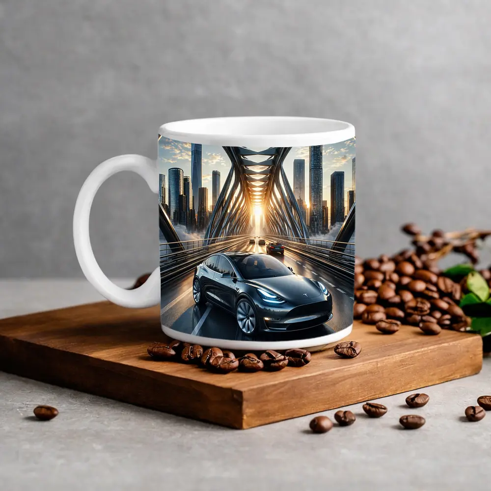 Tesla Model Y On City Bridge Sunset – Mugs