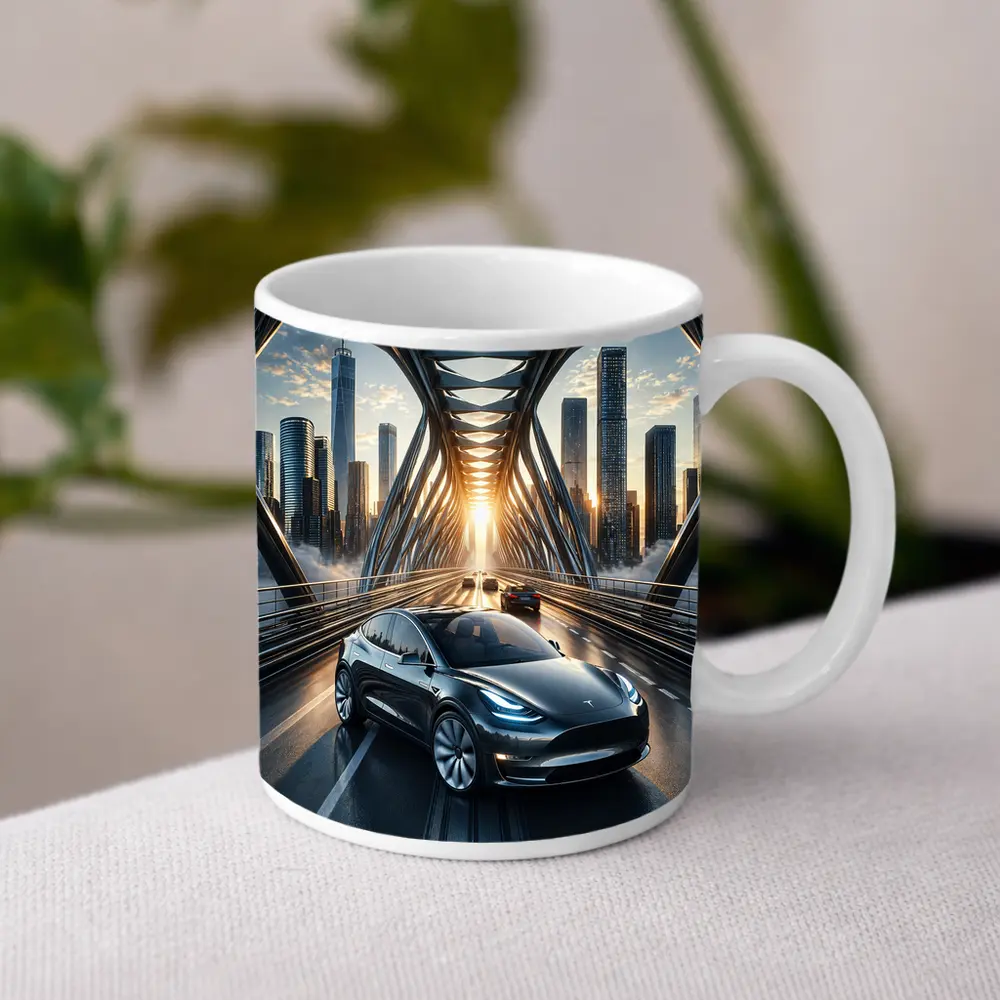 Tesla Model Y On City Bridge Sunset – Mugs