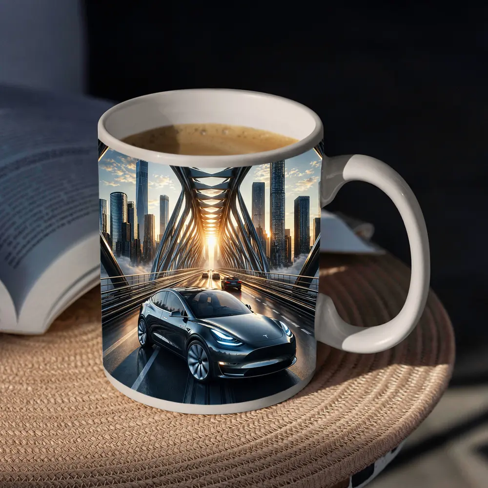 Tesla Model Y On City Bridge Sunset – Mugs