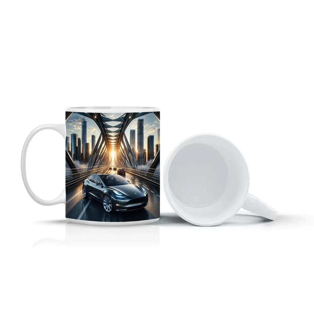 Tesla Model Y On City Bridge Sunset – Mugs