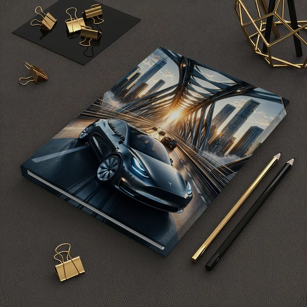 Tesla Model Y On City Bridge Sunset – Notebooks