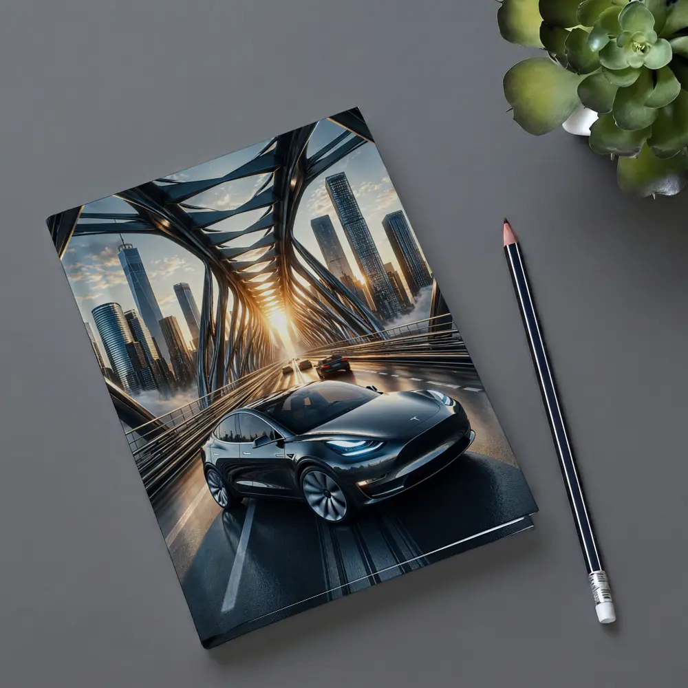 Tesla Model Y On City Bridge Sunset – Notebooks