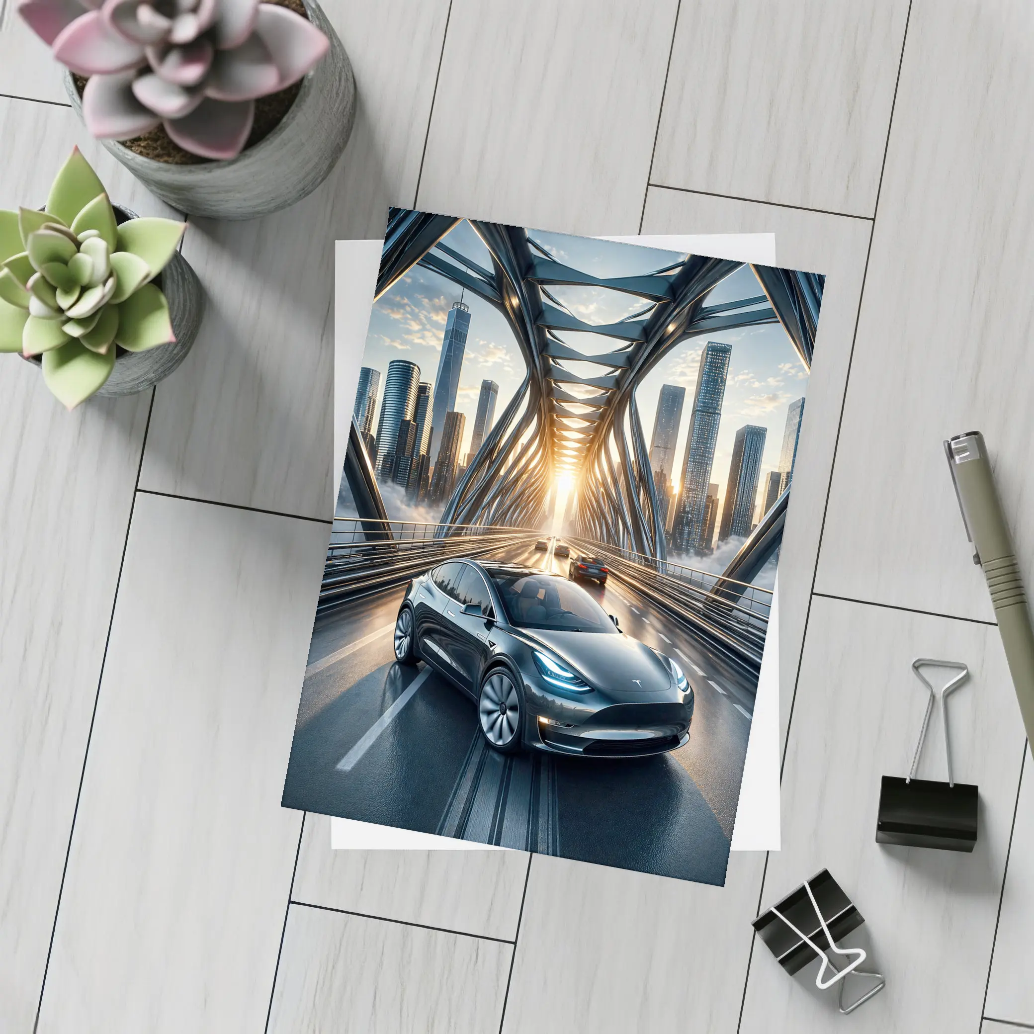 Tesla Model Y On City Bridge Sunset – Postcards