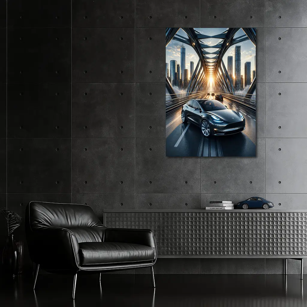 Tesla Model Y On City Bridge Sunset – Wall Art
