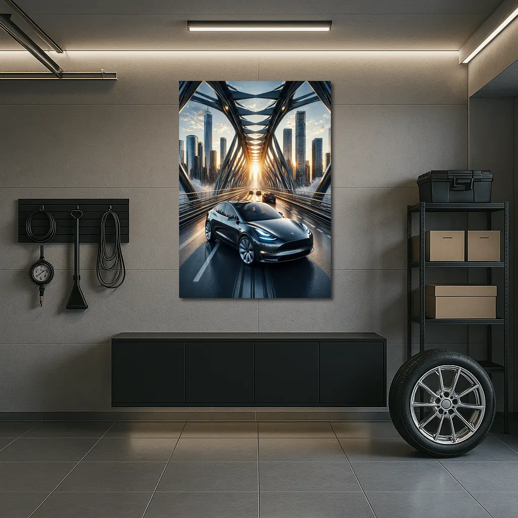 Tesla Model Y On City Bridge Sunset – Wall Art