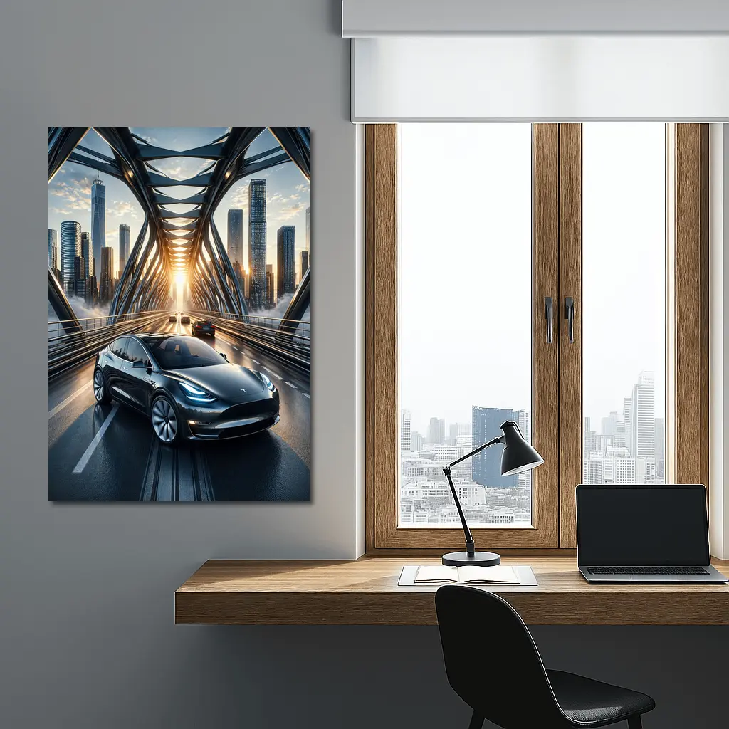 Tesla Model Y On City Bridge Sunset – Wall Art