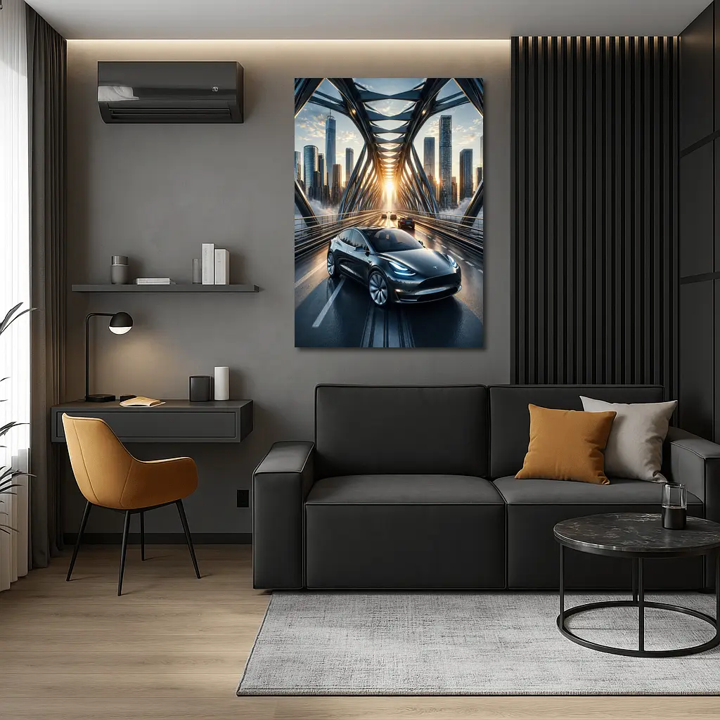 Tesla Model Y On City Bridge Sunset – Wall Art