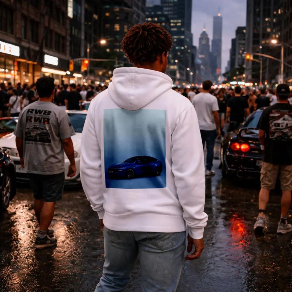 Tesla Model Y Blue Studio Background – Hoodies