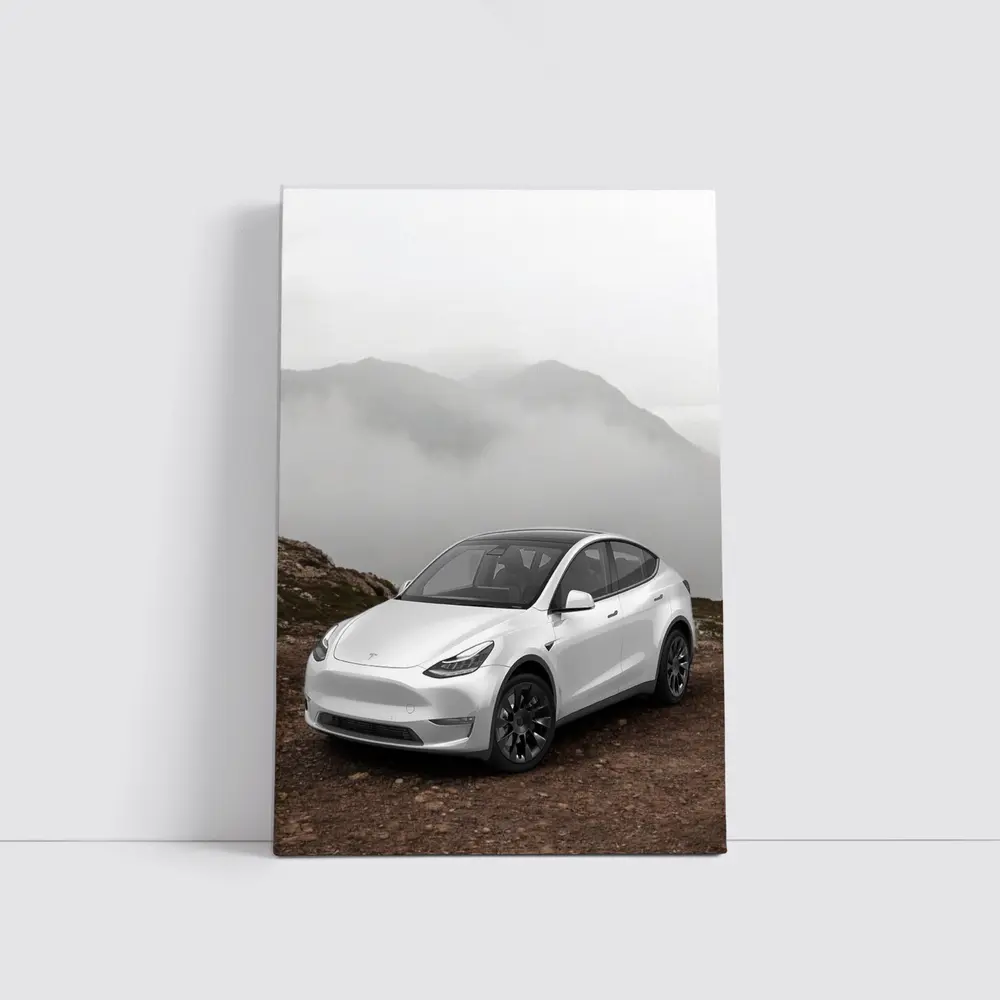 Tesla Model Y White Foggy Mountain Setting – Wall Art