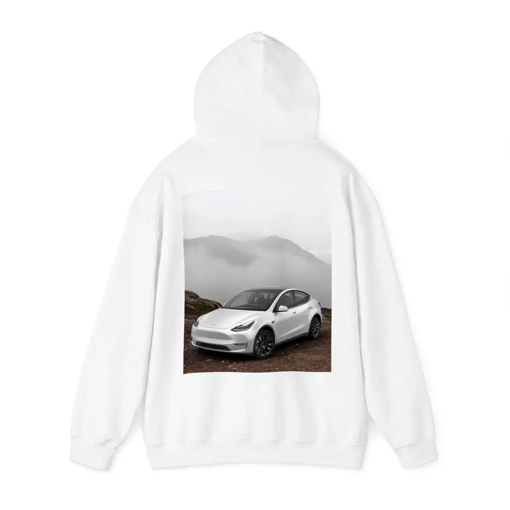 Tesla Model Y White Foggy Mountain Setting – Hoodies