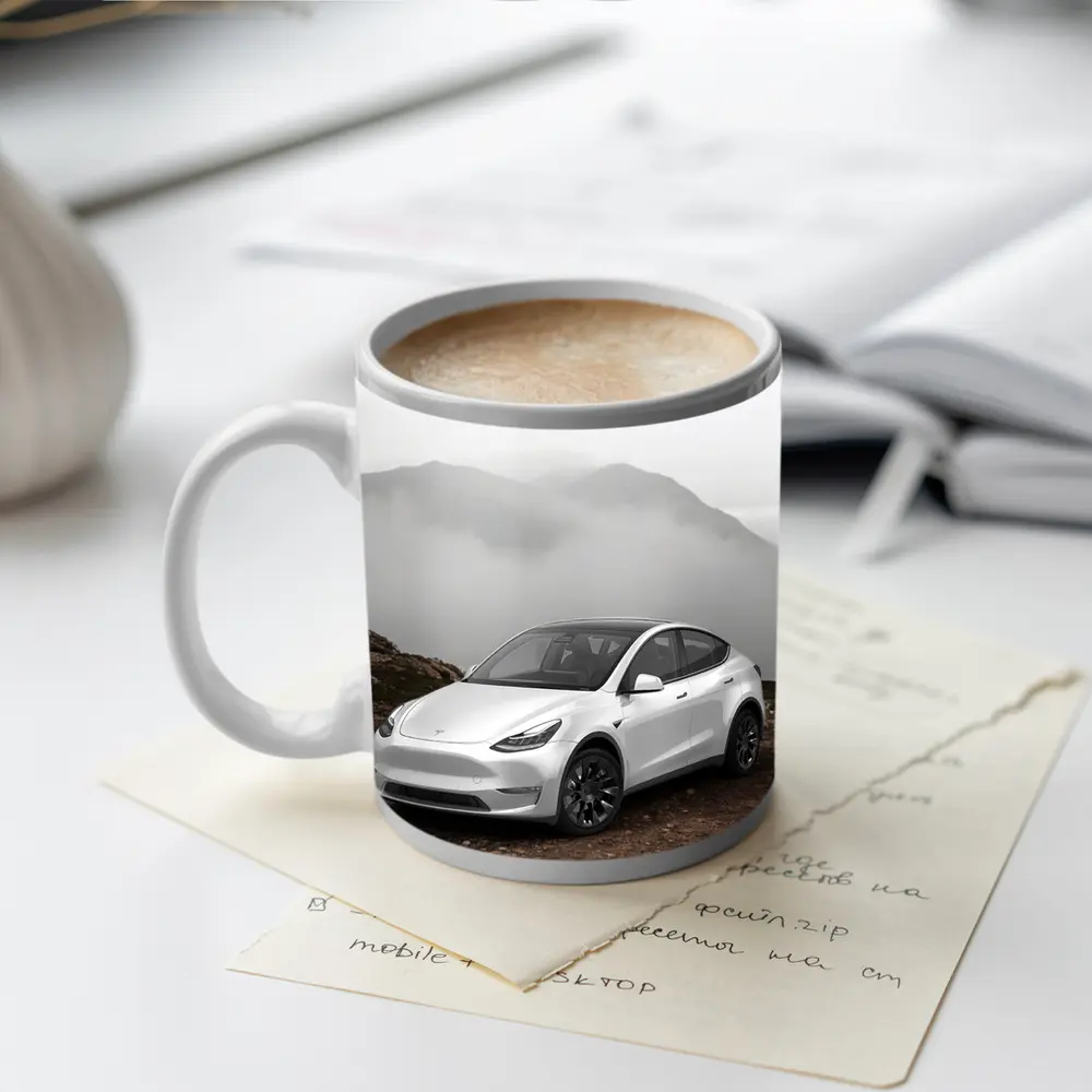 Tesla Model Y White Foggy Mountain Setting – Mugs