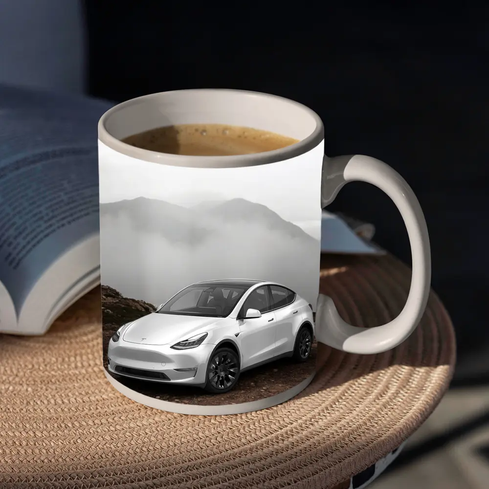 Tesla Model Y White Foggy Mountain Setting – Mugs