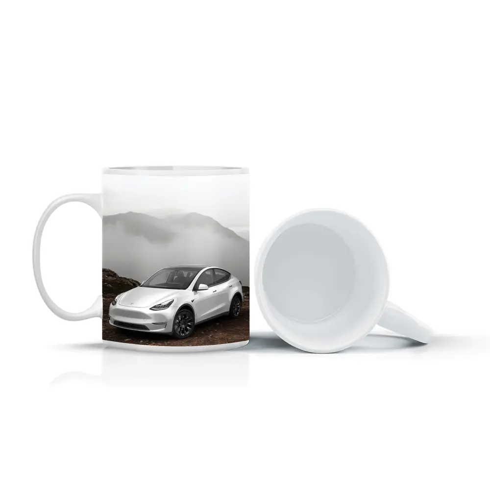 Tesla Model Y White Foggy Mountain Setting – Mugs
