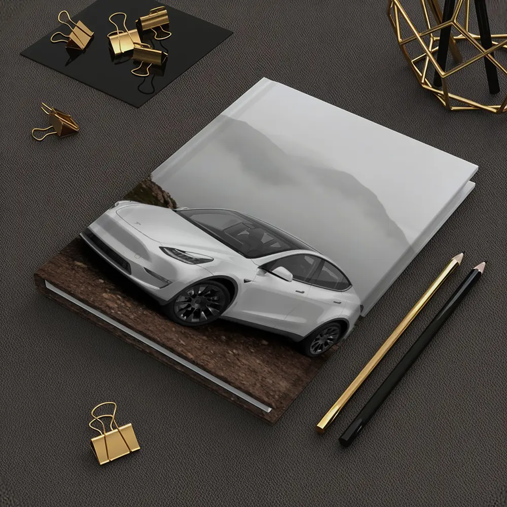 Tesla Model Y White Foggy Mountain Setting – Notebooks