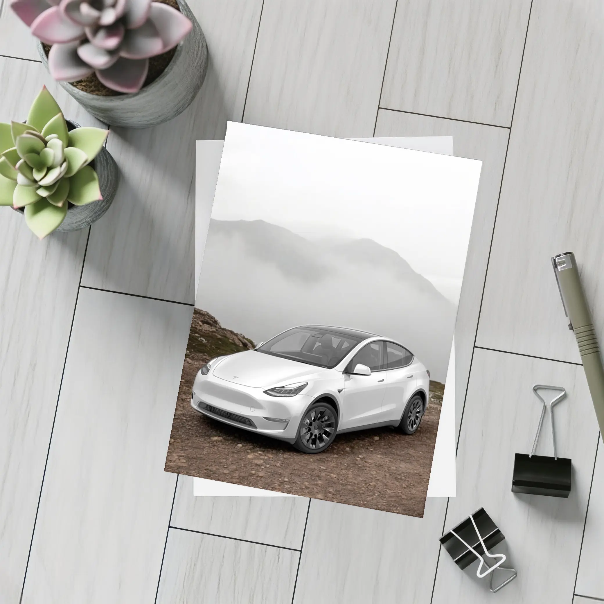 Tesla Model Y White Foggy Mountain Setting – Postcards