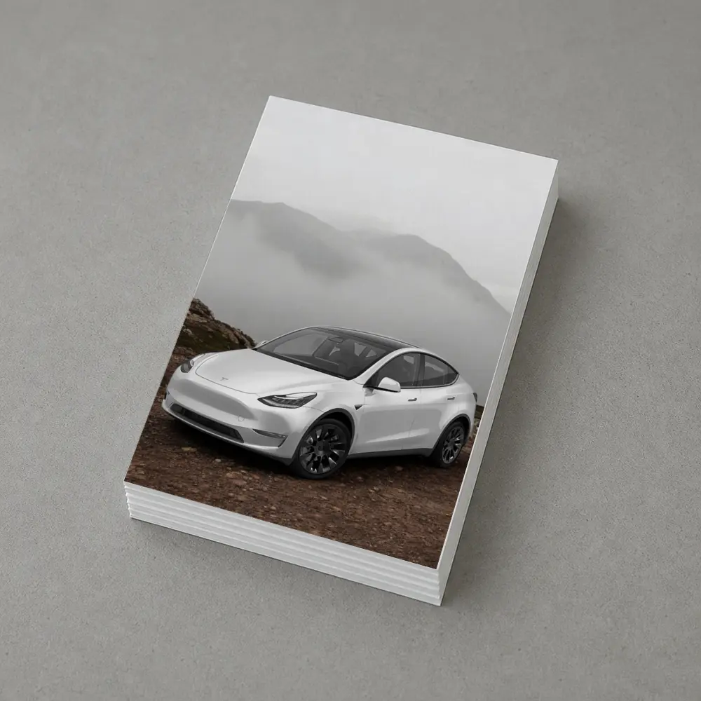 Tesla Model Y White Foggy Mountain Setting – Postcards