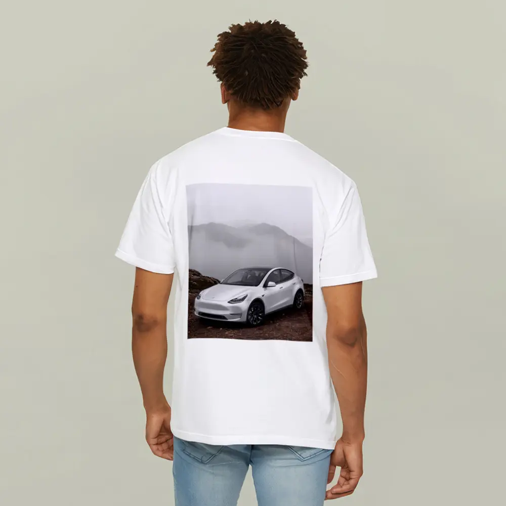 Tesla Model Y White Foggy Mountain Setting – T-Shirts
