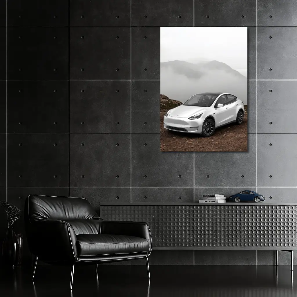 Tesla Model Y White Foggy Mountain Setting – Wall Art
