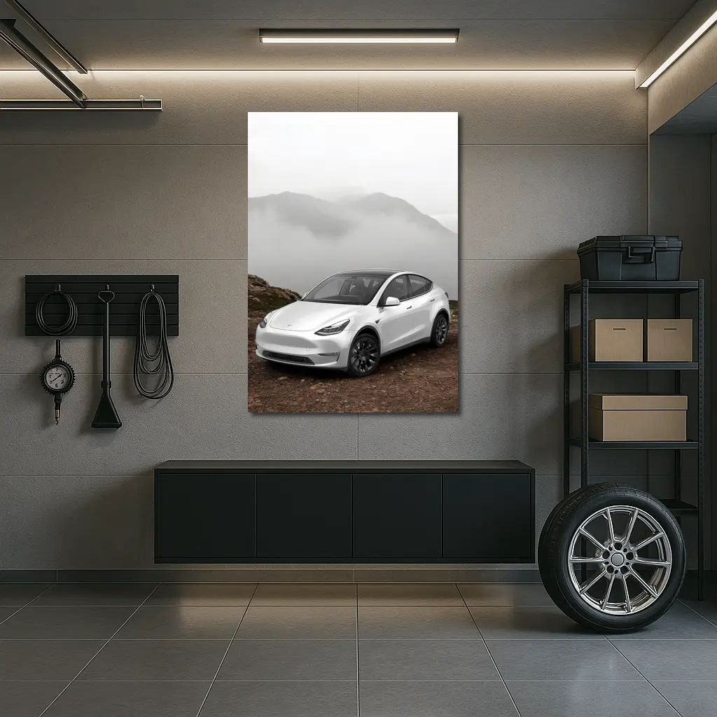 Tesla Model Y White Foggy Mountain Setting – Wall Art