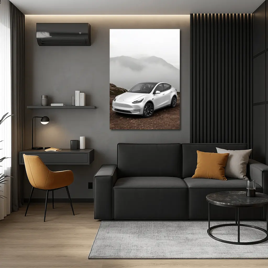 Tesla Model Y White Foggy Mountain Setting – Wall Art