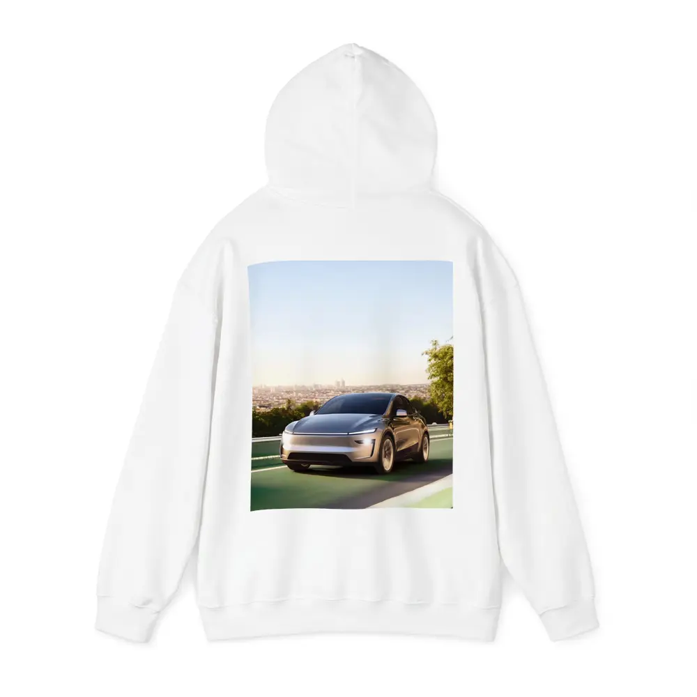 Tesla Model Y Green Highway City Background – Hoodies