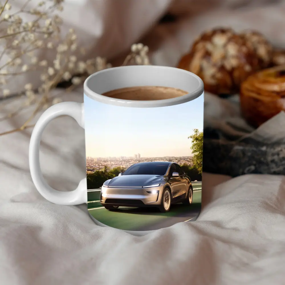 Tesla Model Y Green Highway City Background – Mugs