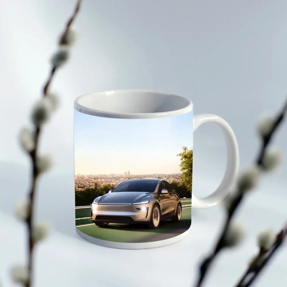 Tesla Model Y Green Highway City Background – Mugs