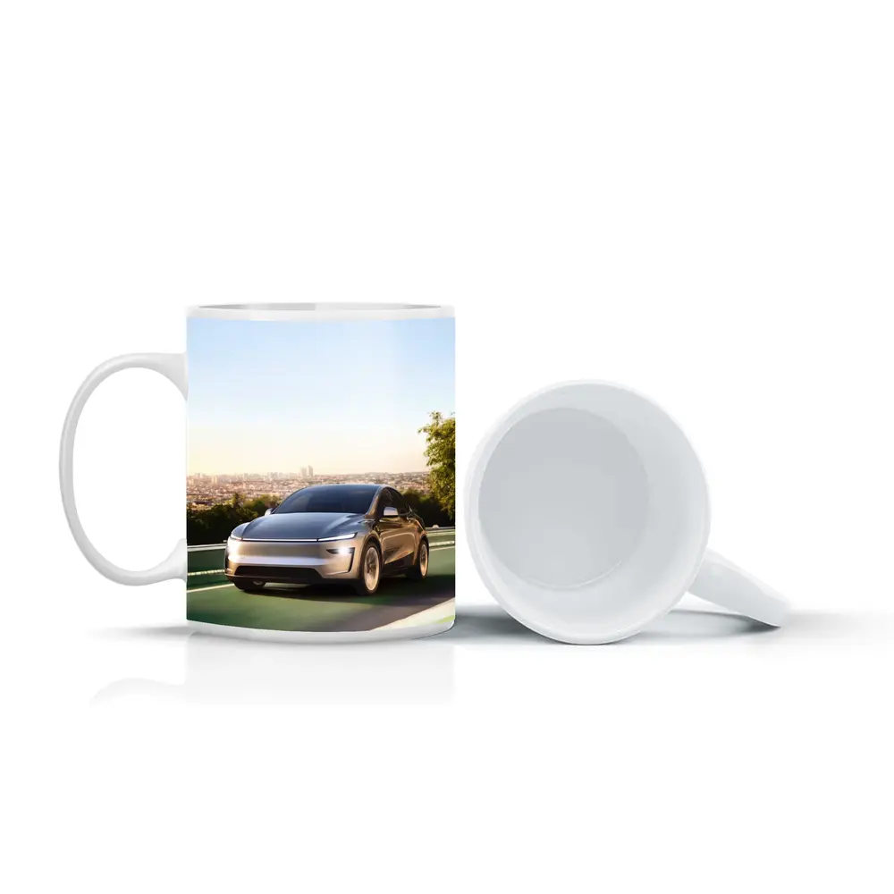 Tesla Model Y Green Highway City Background – Mugs