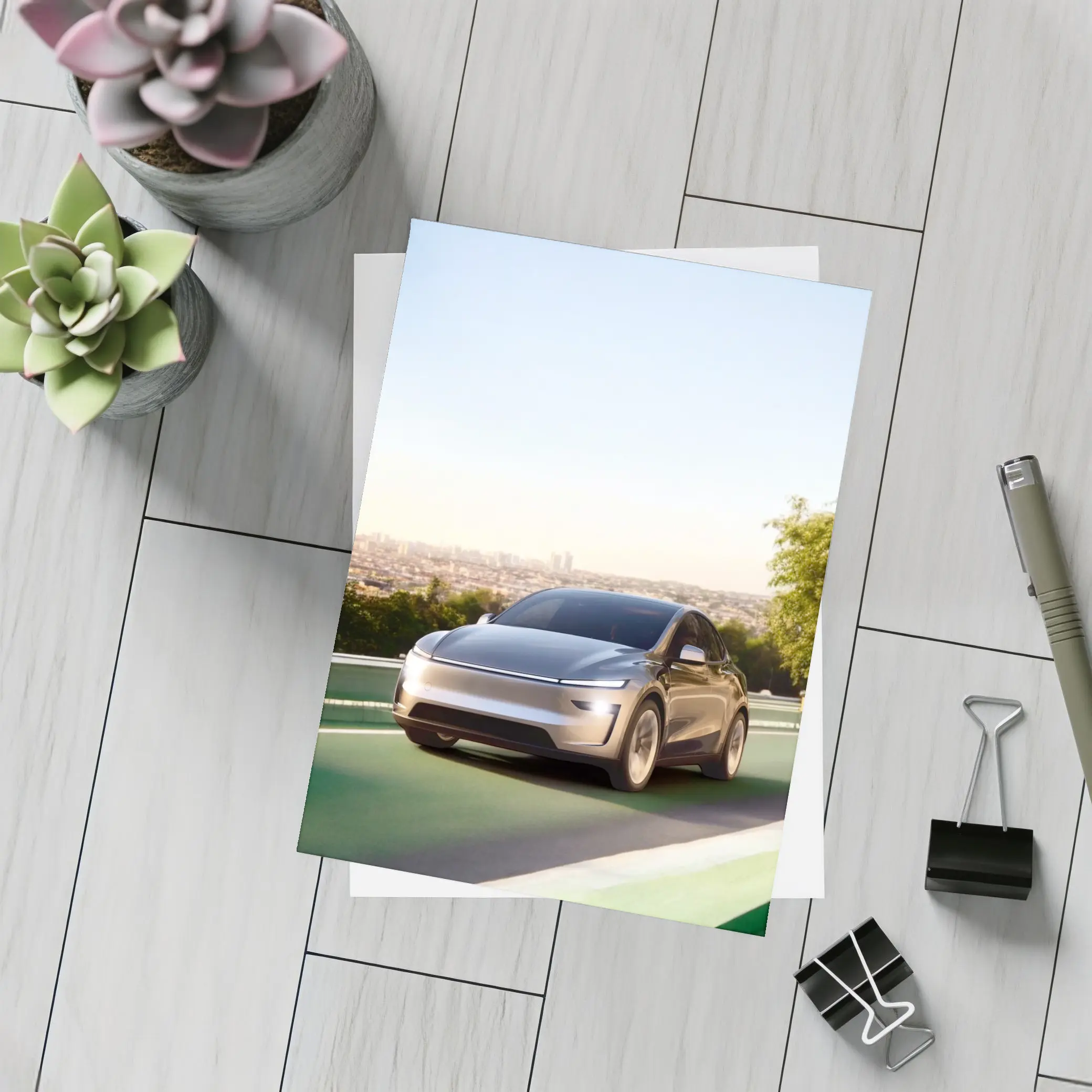 Tesla Model Y Green Highway City Background – Postcards