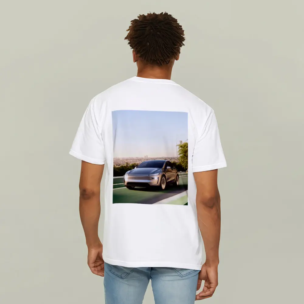 Tesla Model Y Green Highway City Background – T-Shirts