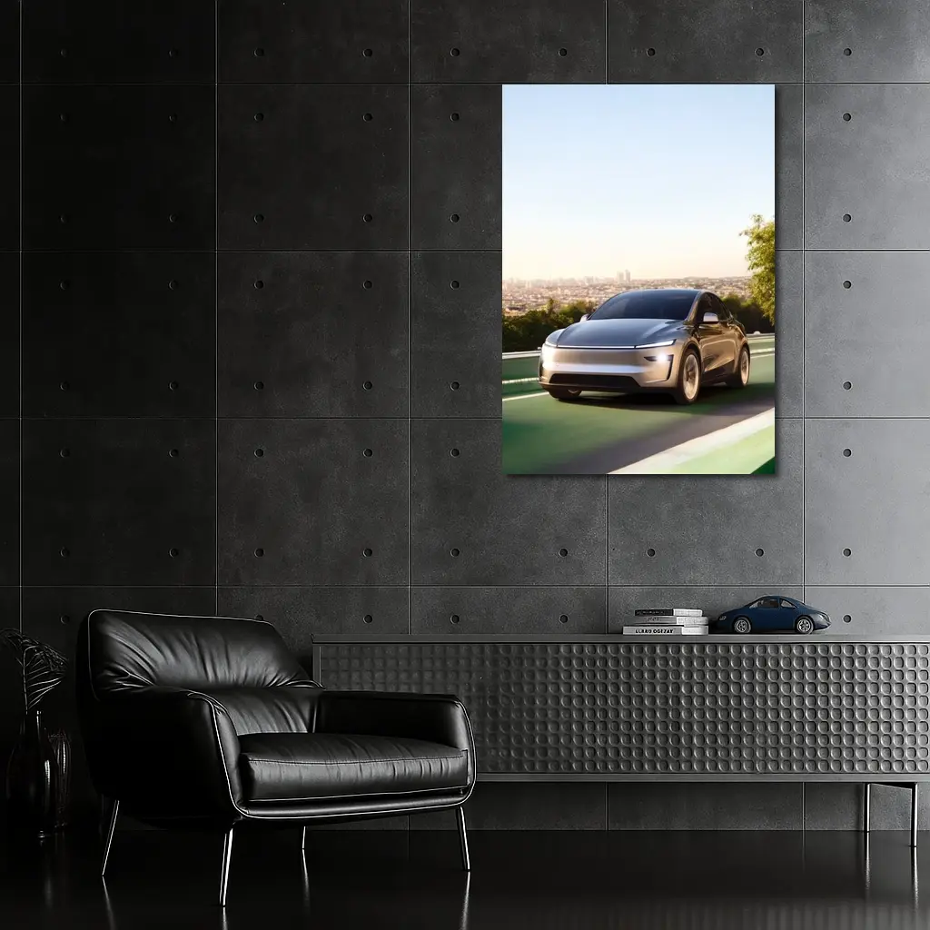 Tesla Model Y Green Highway City Background – Wall Art