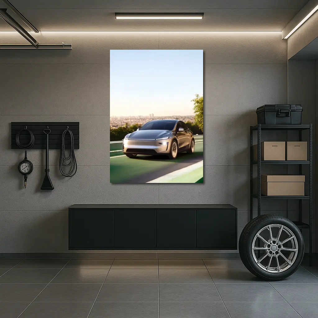 Tesla Model Y Green Highway City Background – Wall Art