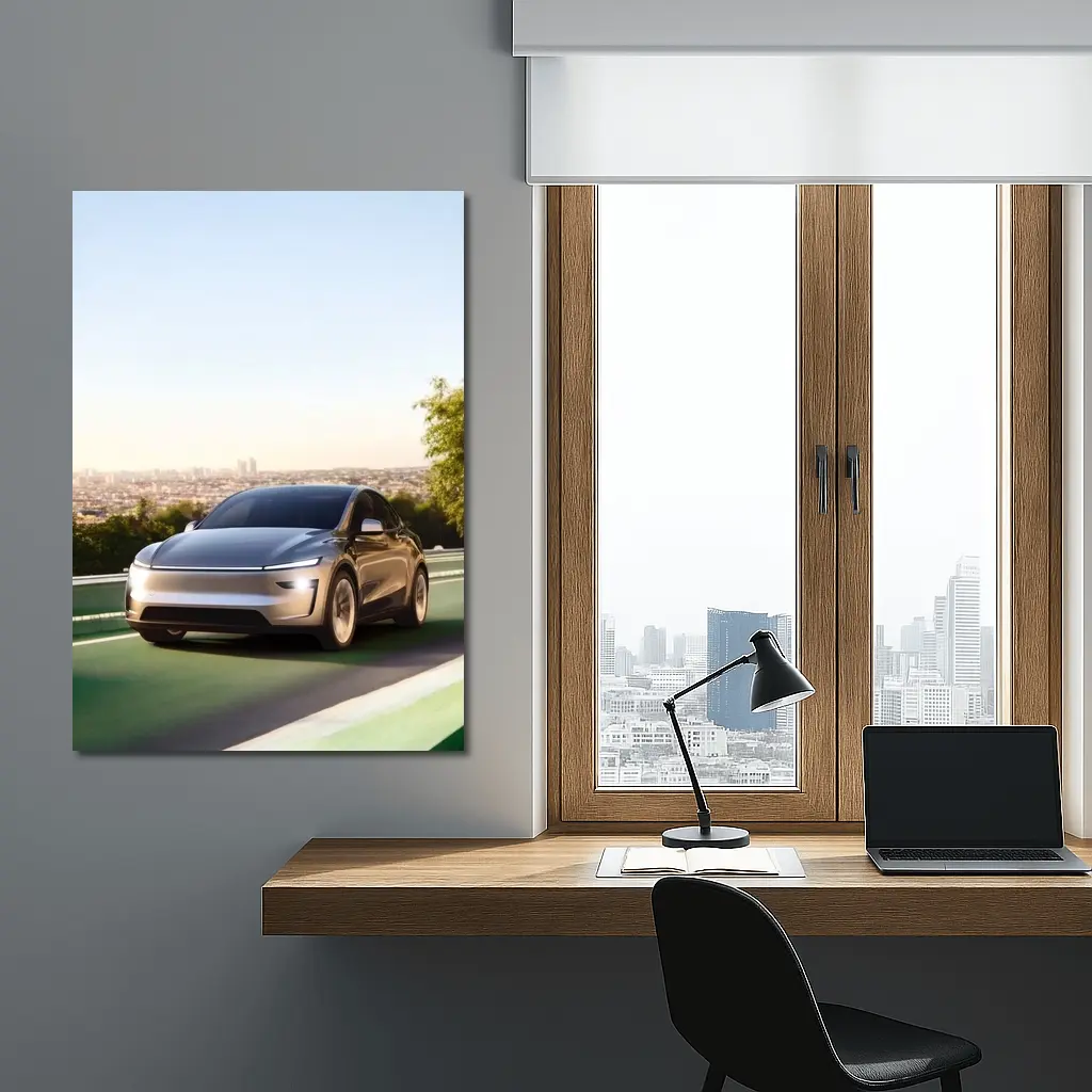 Tesla Model Y Green Highway City Background – Wall Art