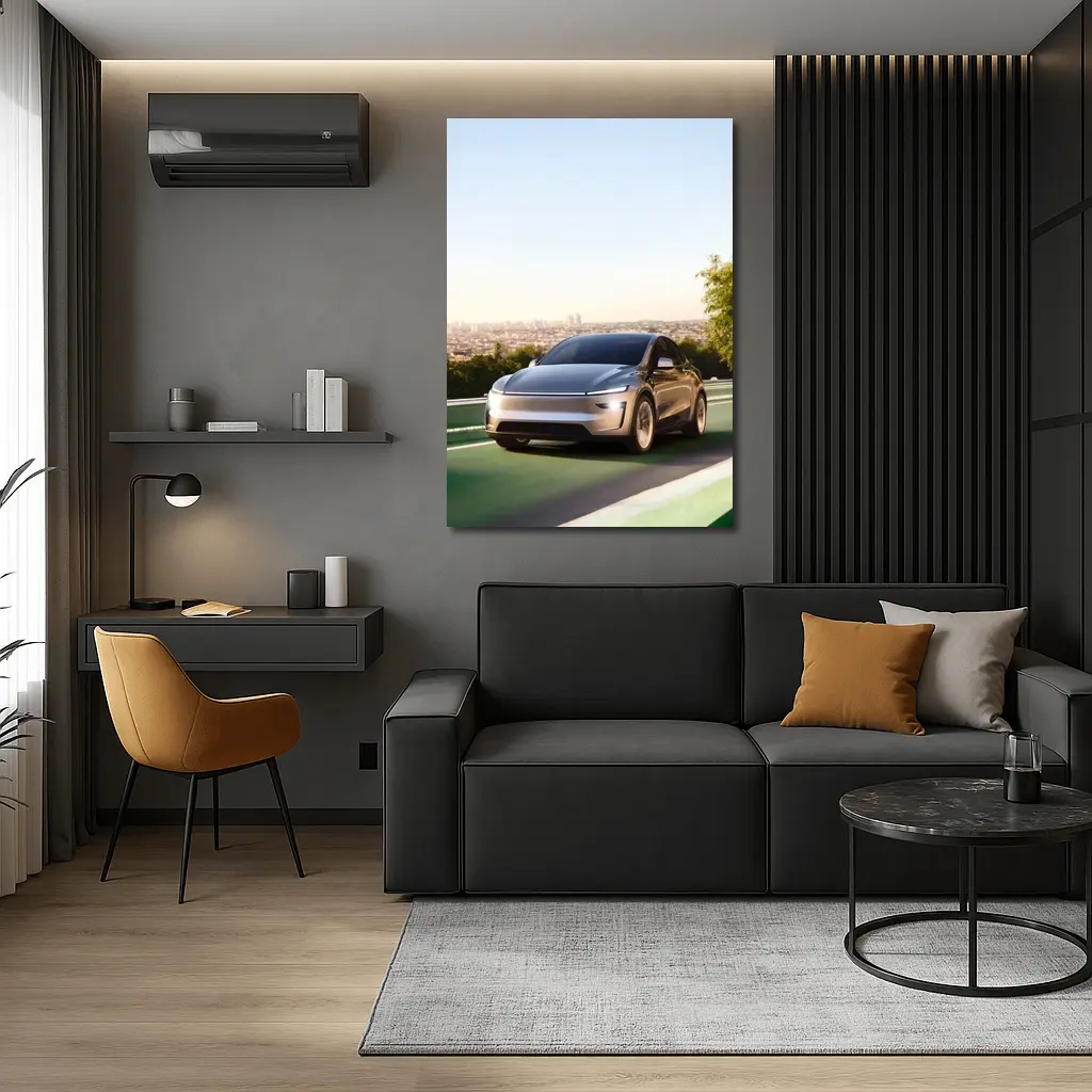Tesla Model Y Green Highway City Background – Wall Art