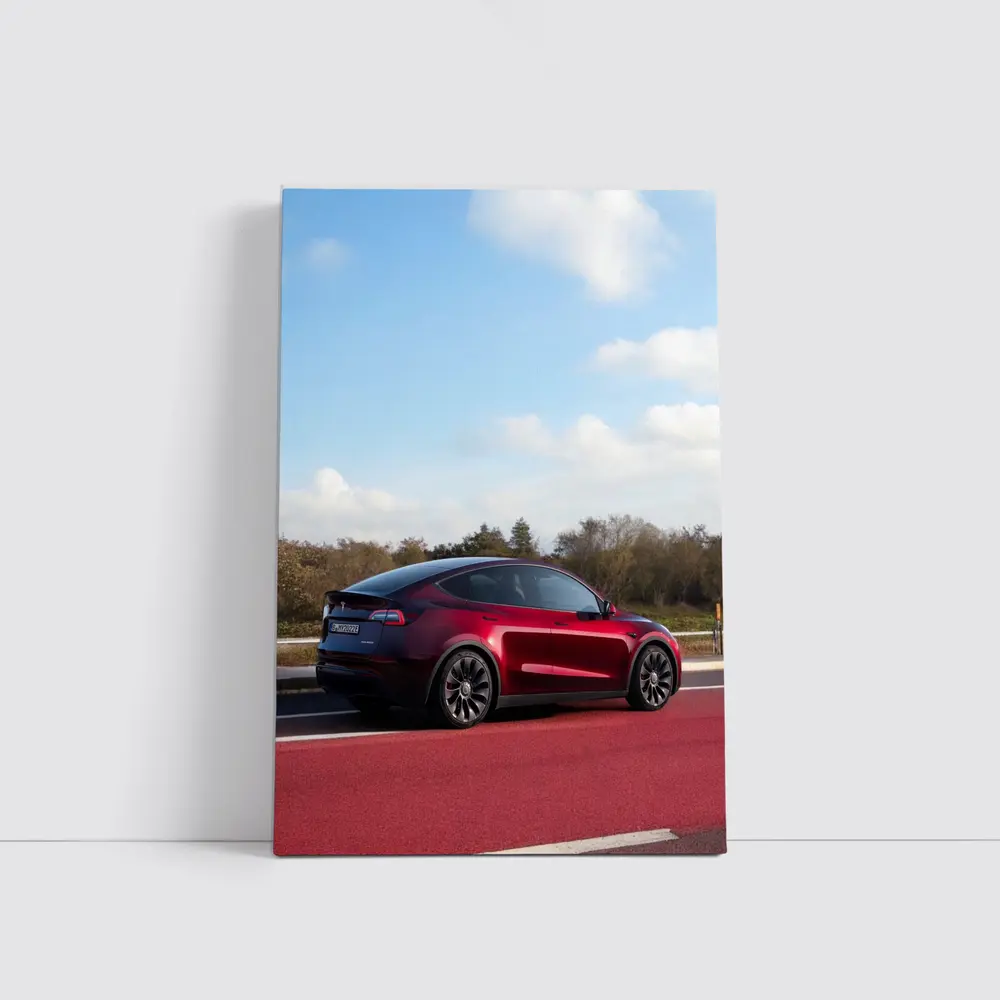 Tesla Model Y Red Street Blue Sky – Wall Art