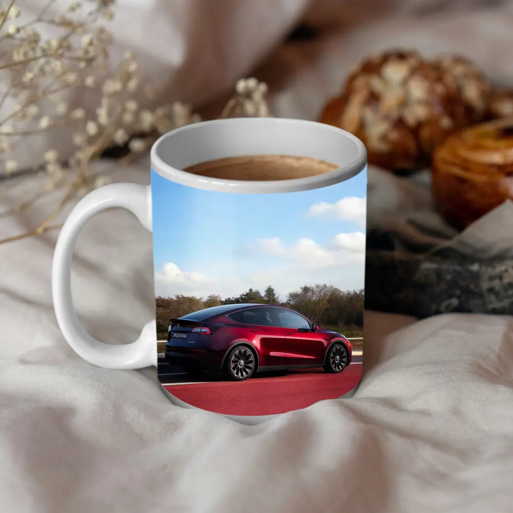 Tesla Model Y Red Street Blue Sky – Mugs