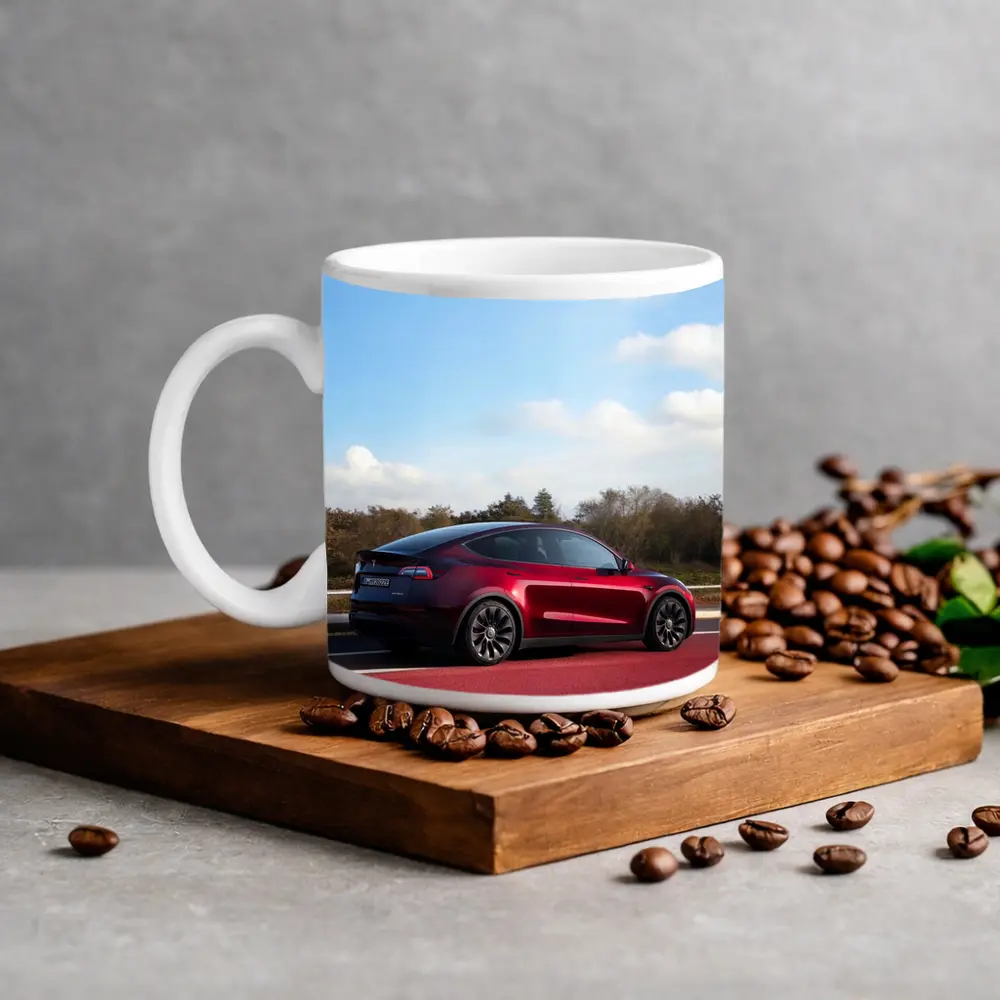Tesla Model Y Red Street Blue Sky – Mugs