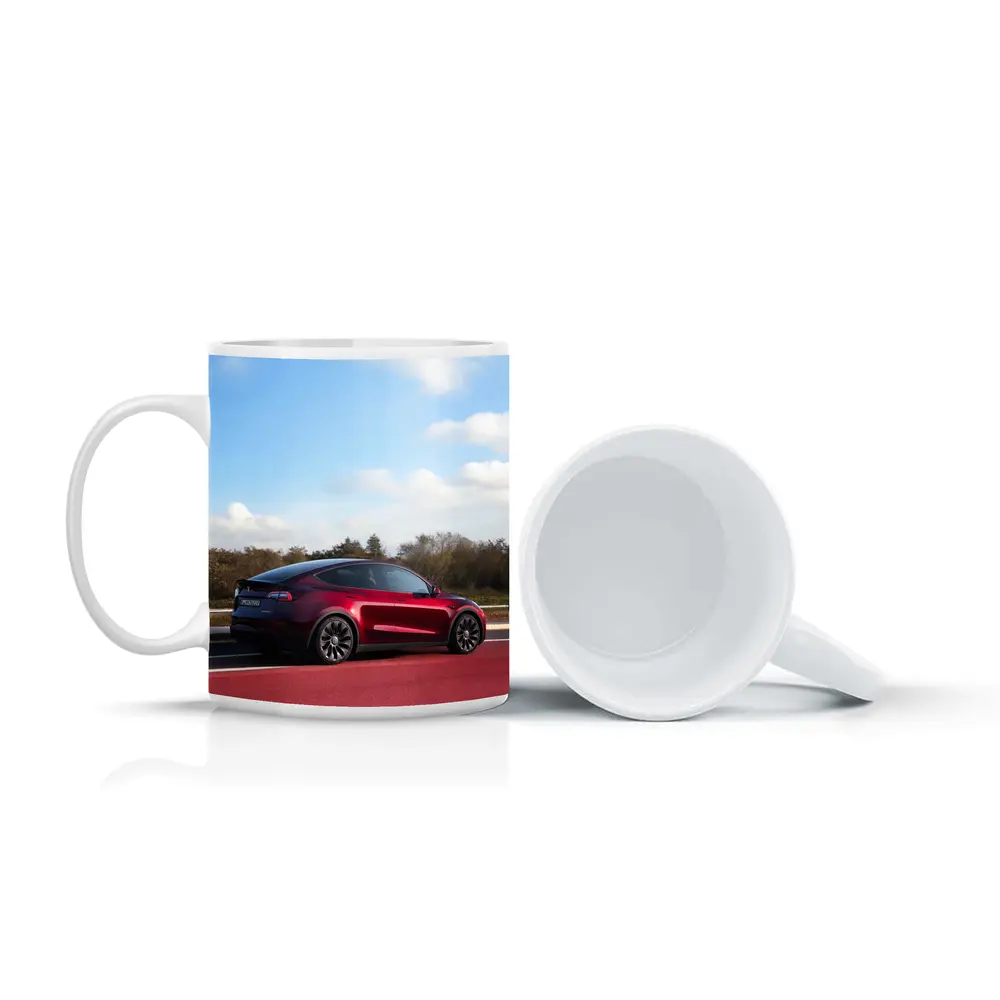 Tesla Model Y Red Street Blue Sky – Mugs