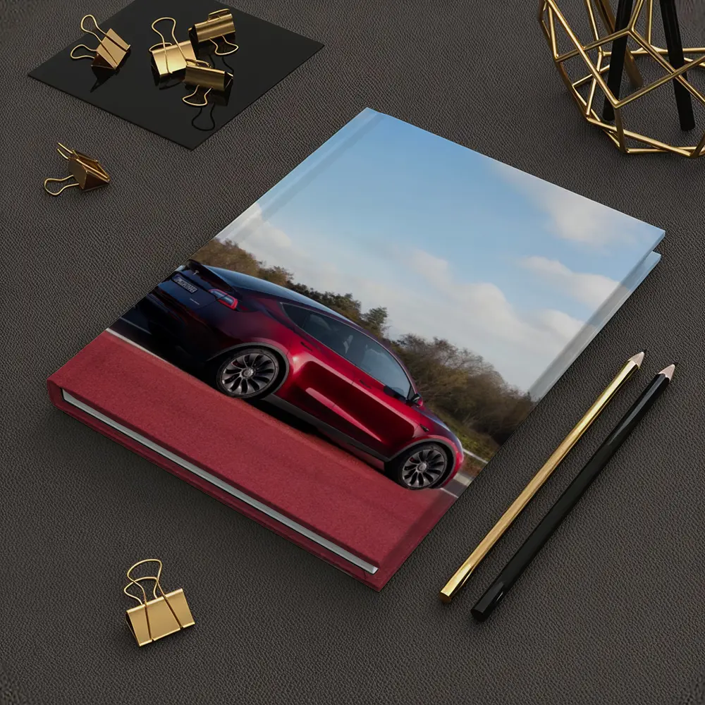 Tesla Model Y Red Street Blue Sky – Notebooks