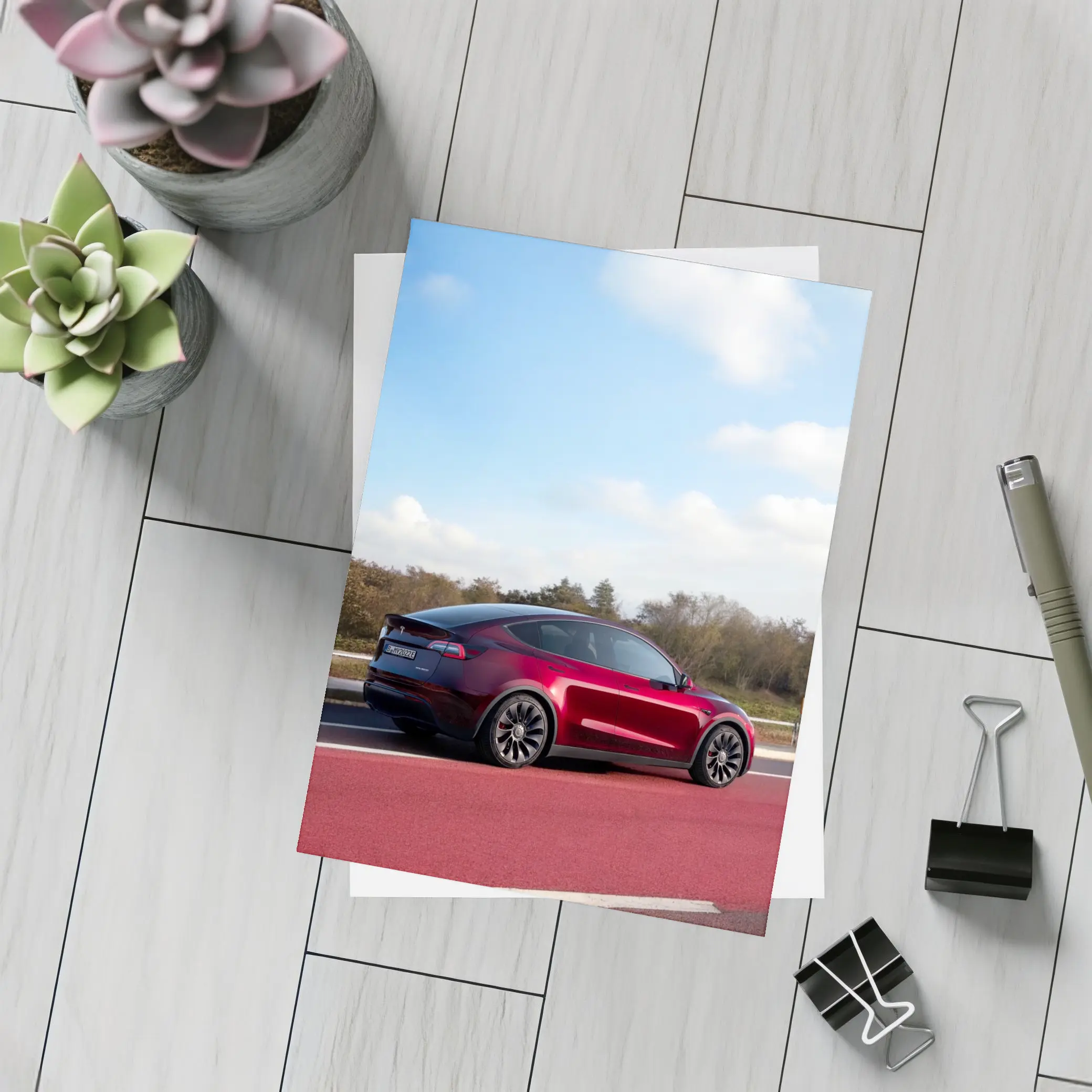 Tesla Model Y Red Street Blue Sky – Postcards
