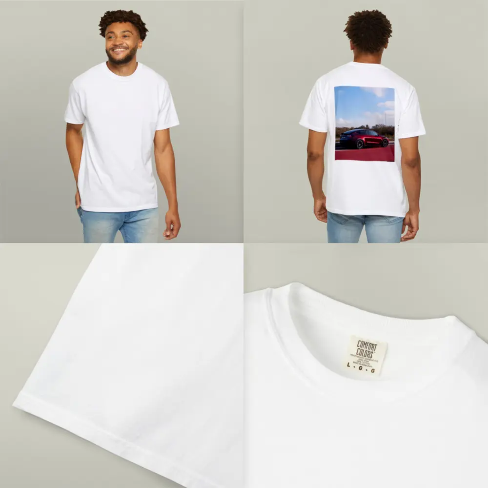 Tesla Model Y Red Street Blue Sky – T-Shirts