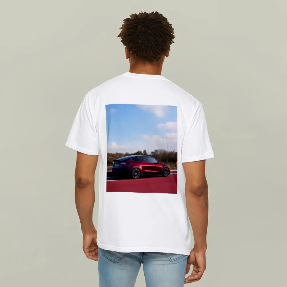 Tesla Model Y Red Street Blue Sky – T-Shirts