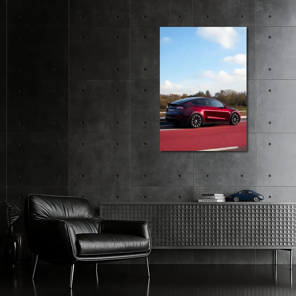 Tesla Model Y Red Street Blue Sky – Wall Art