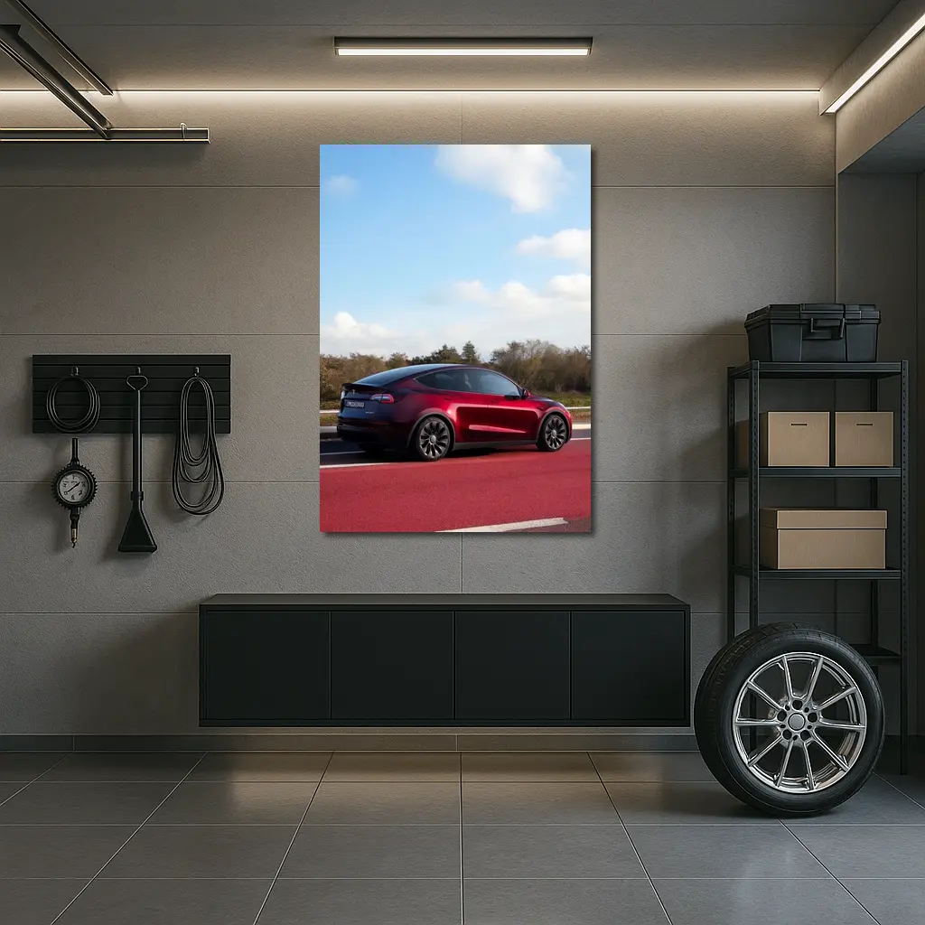 Tesla Model Y Red Street Blue Sky – Wall Art