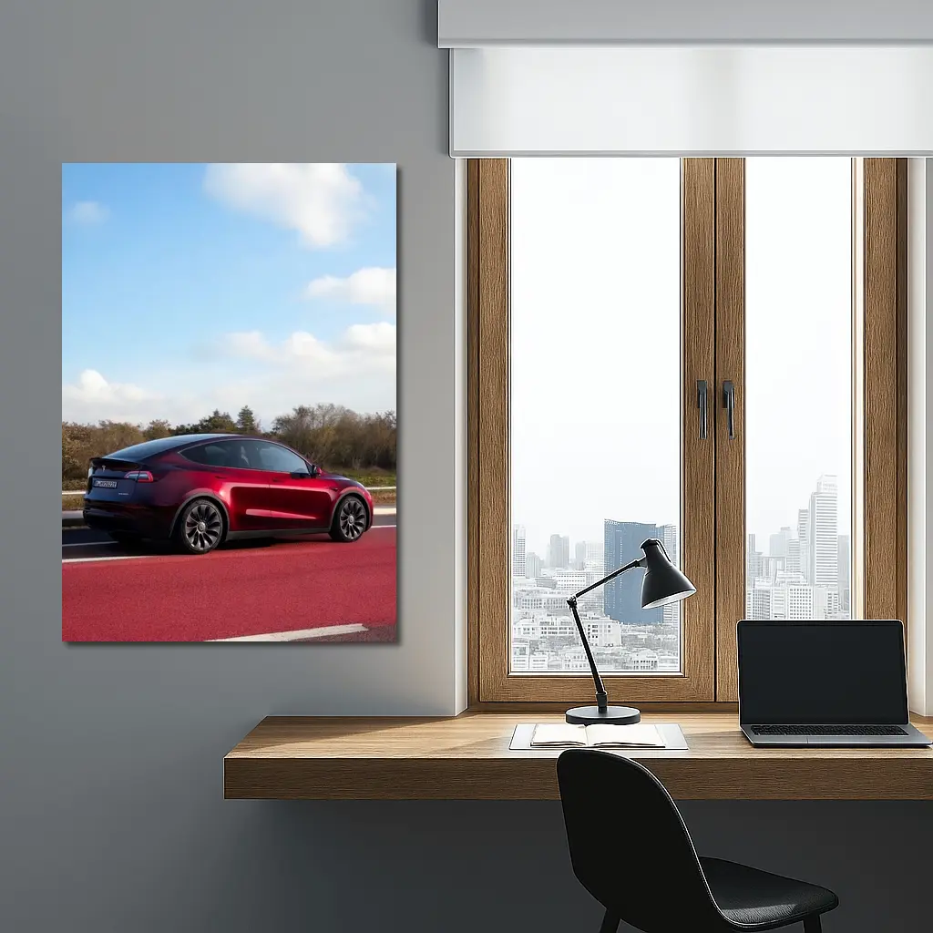 Tesla Model Y Red Street Blue Sky – Wall Art
