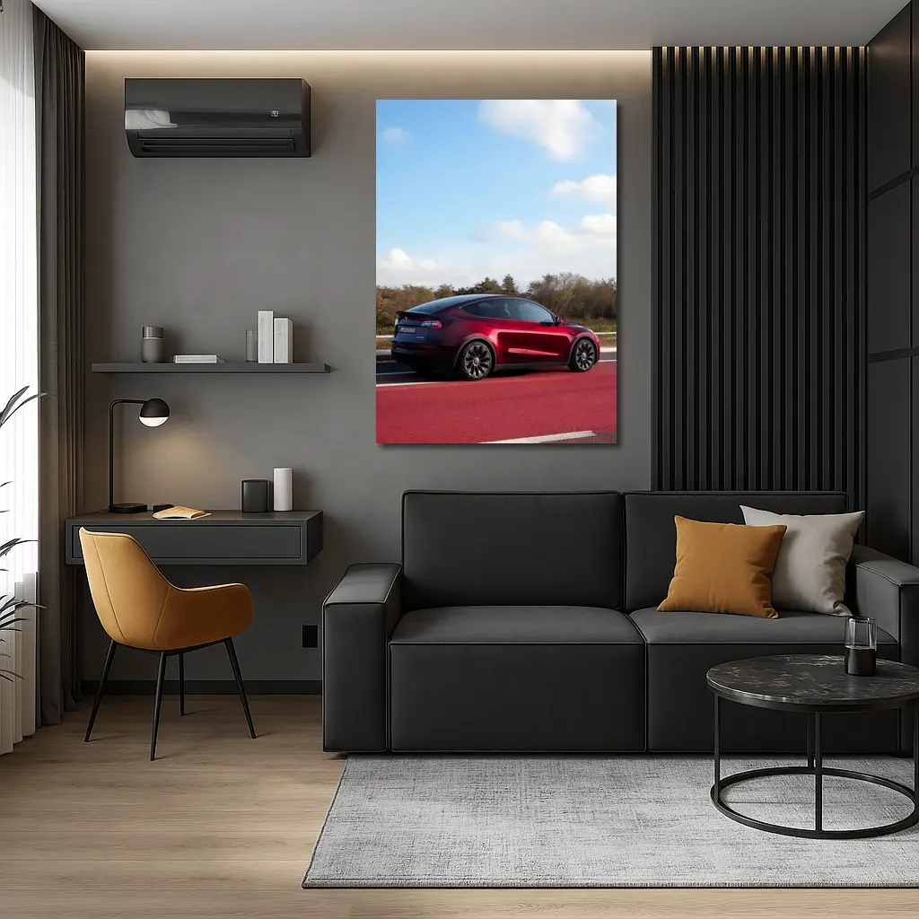 Tesla Model Y Red Street Blue Sky – Wall Art