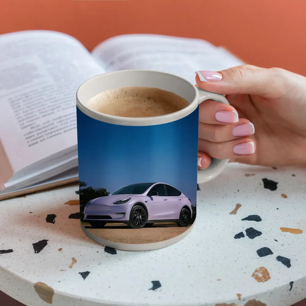 Tesla Model Y Under Deep Blue Night Sky – Mugs