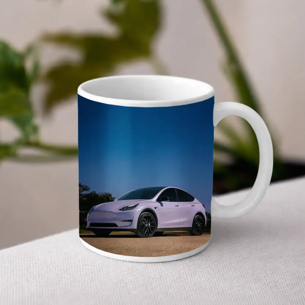 Tesla Model Y Under Deep Blue Night Sky – Mugs