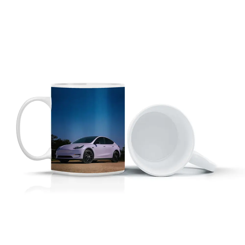 Tesla Model Y Under Deep Blue Night Sky – Mugs
